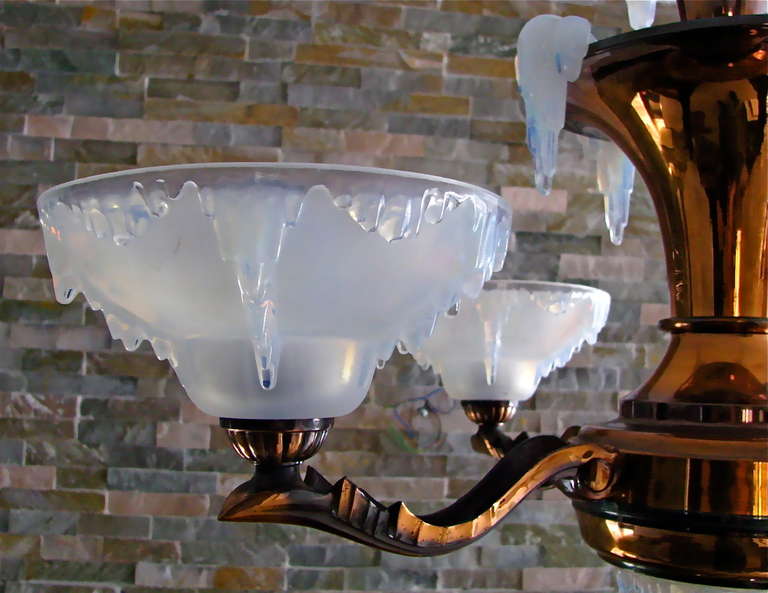 Mid-20th Century 1935 French Art Deco Modernist Copper Chandelier with Ezan opalescent shades