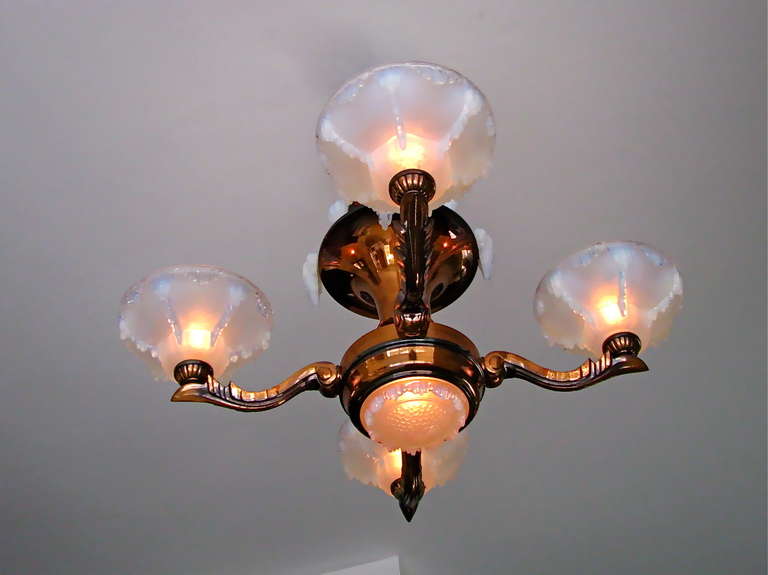 1935 French Art Deco Modernist Copper Chandelier with Ezan opalescent shades 4