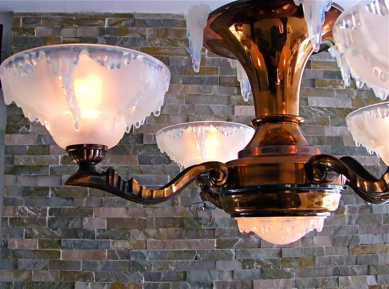1935 French Art Deco Modernist Copper Chandelier with Ezan opalescent shades 5