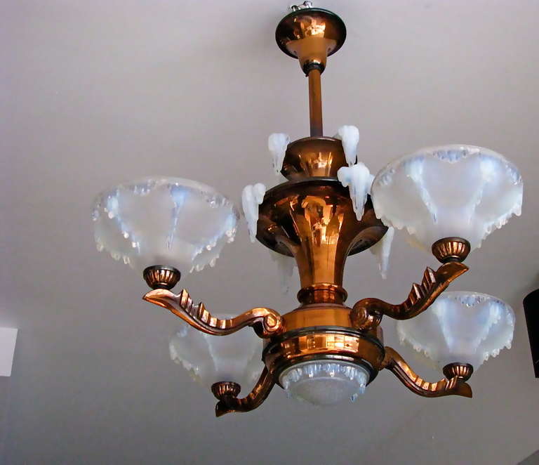 1935 French Art Deco Modernist Copper Chandelier with Ezan opalescent shades 6
