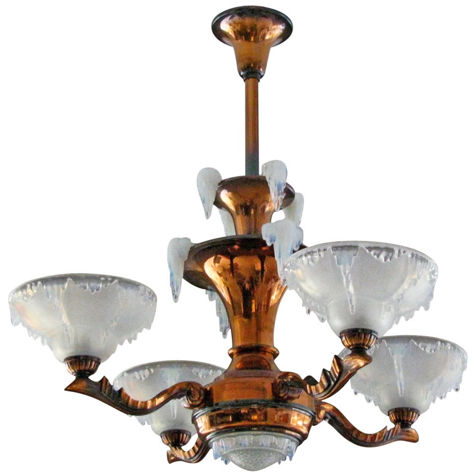 1935 French Art Deco Modernist Copper Chandelier with Ezan opalescent shades