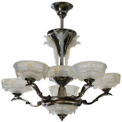 French Art Deco Chandelier with Sabino Opalescent Shades and Birds