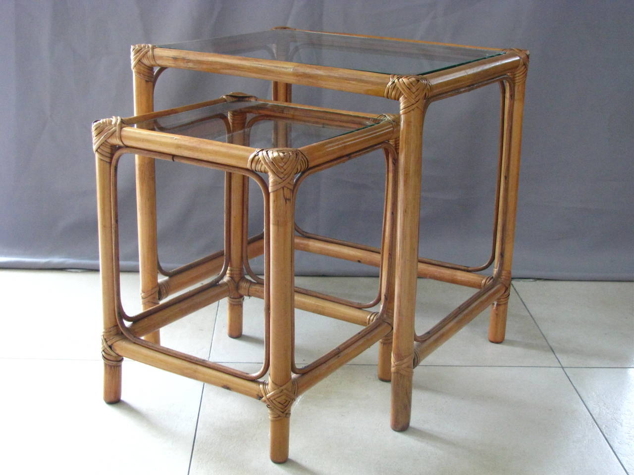 Mid-Century Modern 1960s Rattan Side Nesting Tables