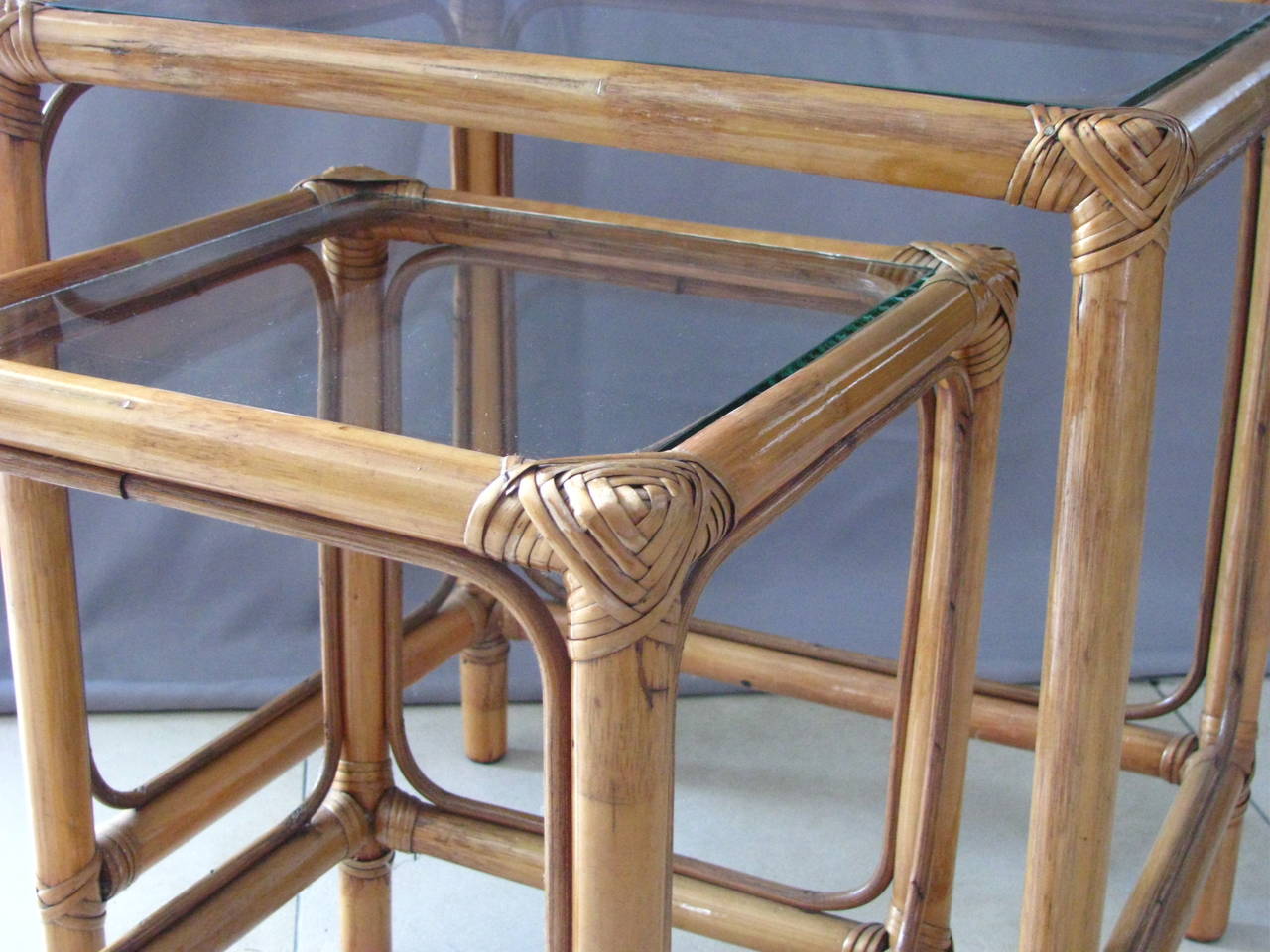 Glass 1960s Rattan Side Nesting Tables
