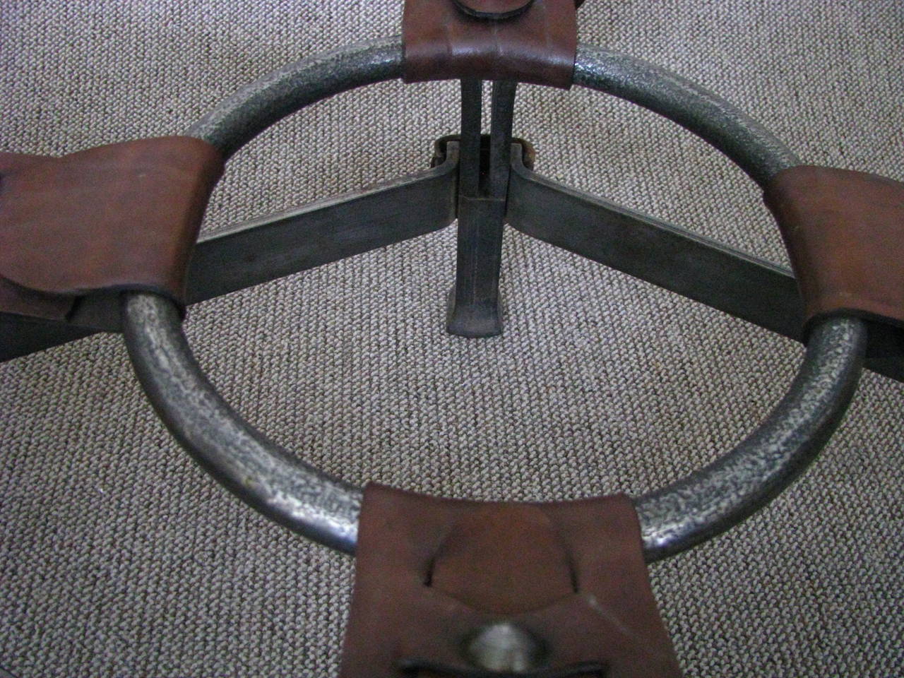 Glass French 1950s 'Fer Forge' Leather Strap Cocktail Table Style Adnet