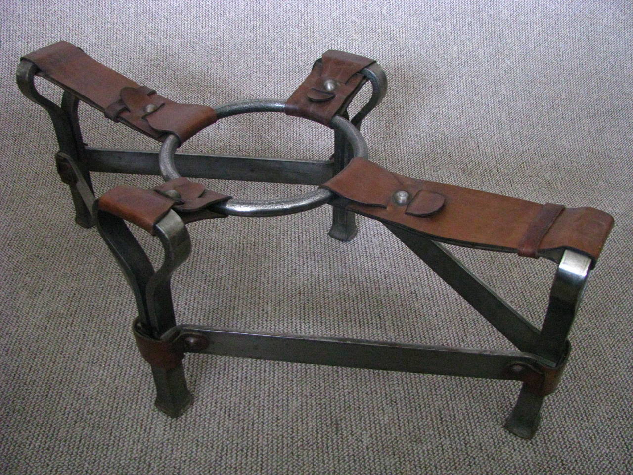 French 1950s 'Fer Forge' Leather Strap Cocktail Table Style Adnet 1