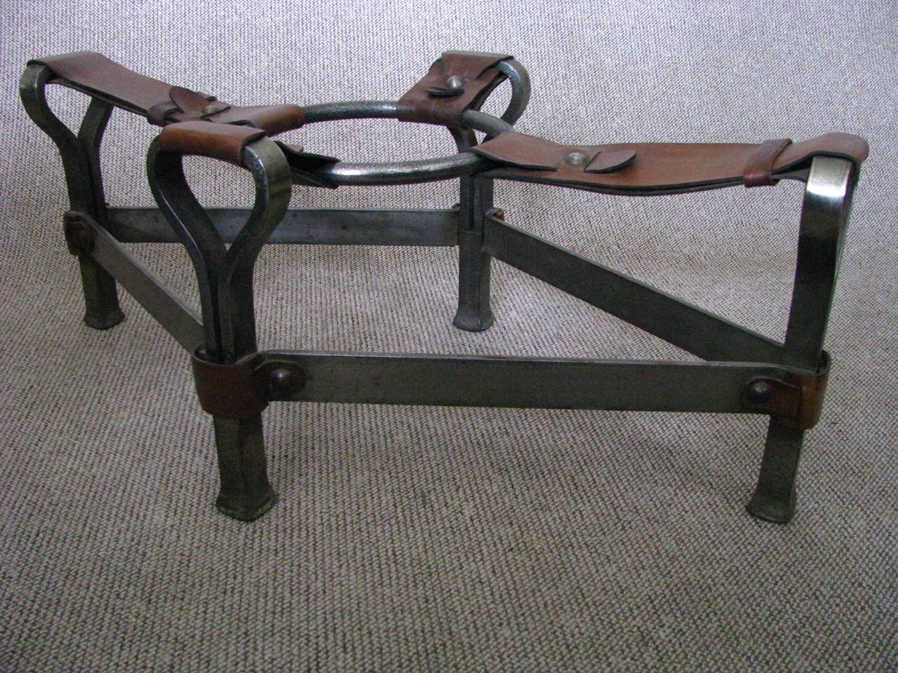 French 1950s 'Fer Forge' Leather Strap Cocktail Table Style Adnet 2