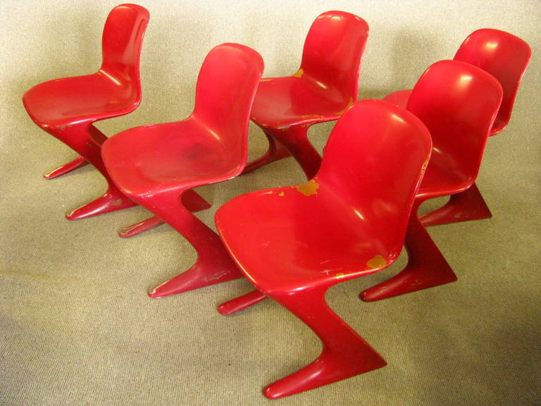 Set of Six Midcentury German Dining Chairs, Ernst Moeckel, 1968

 So called Z-Chair. Designed 1968 in the GDR by Ernst Moeckl (*1931) and Siegfried Mehl, German Version of the Panton Chair. Also called kangoroo chair or variopur chair. Produced