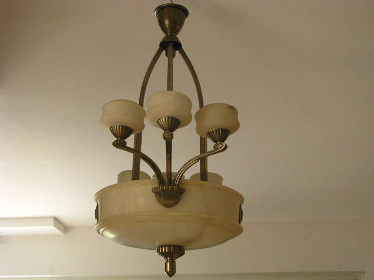 20th Century 1925 French Art Deco Chandelier Alabaster  For Sale