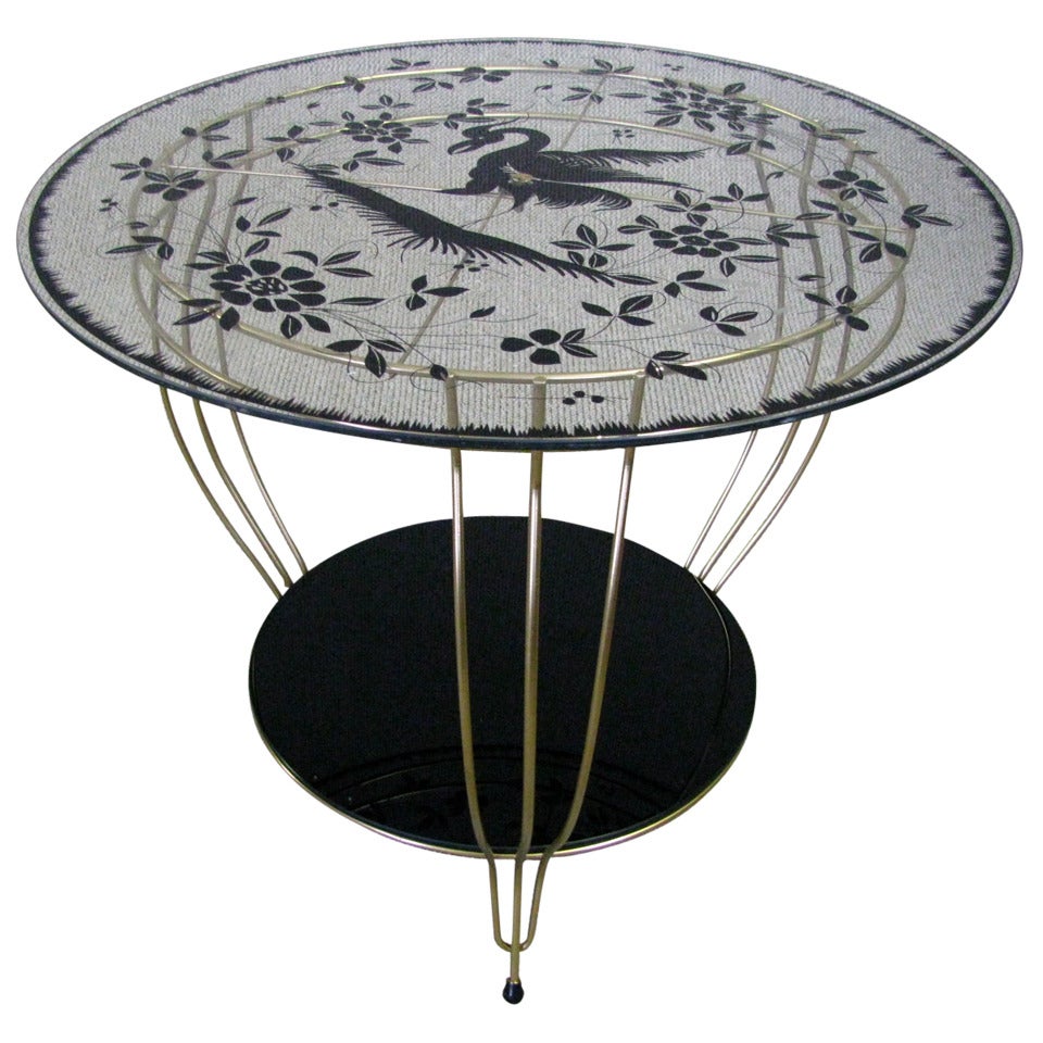 Midcentury Side Table with Bird Artwork, 1950
