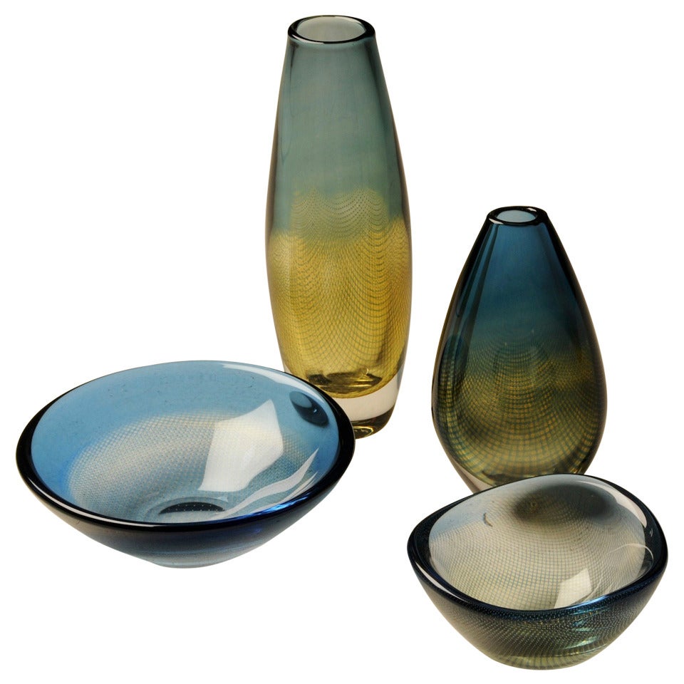 4 Kraka-Glasstücke von Sven Palmquist für Orrefors