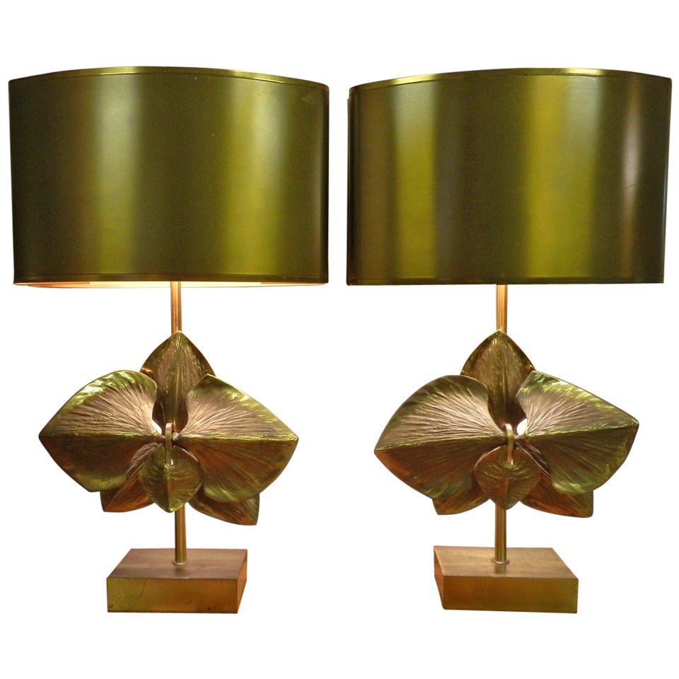 Signed and Numbered Matching Pair of French Maison Charles Orchid Table Lamps