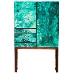 Retro Magnificent Turquoise Goatskin Aldo Tura Bar Cabinet