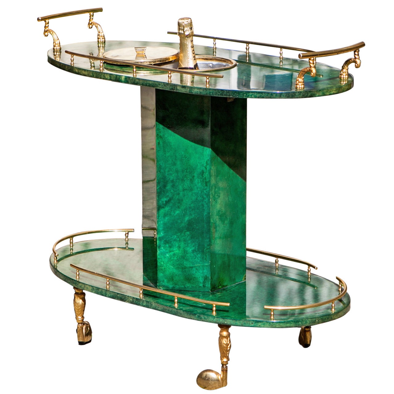 Aldo Tura Bar Cart in Green with Champagne Cooler