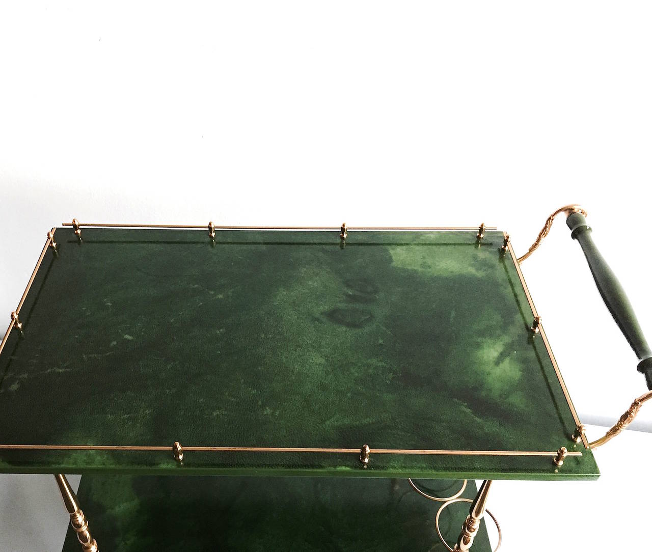 Brass Aldo Tura Bar Cart in Green Goatskin