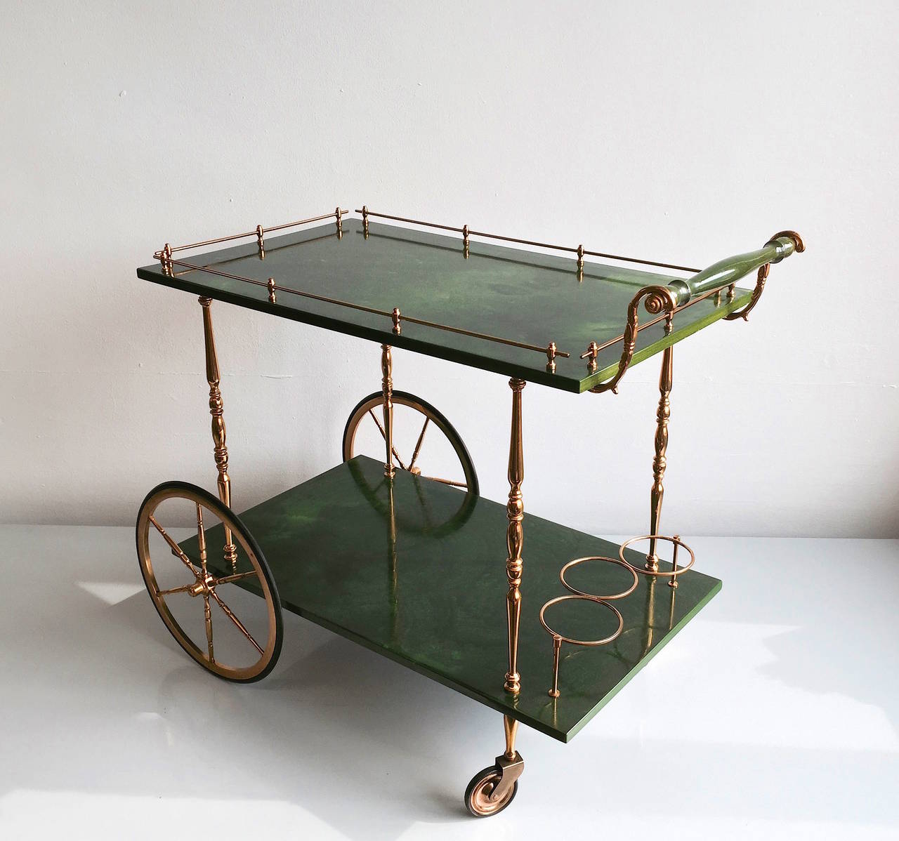 Mid-20th Century Aldo Tura Bar Cart in Green Goatskin