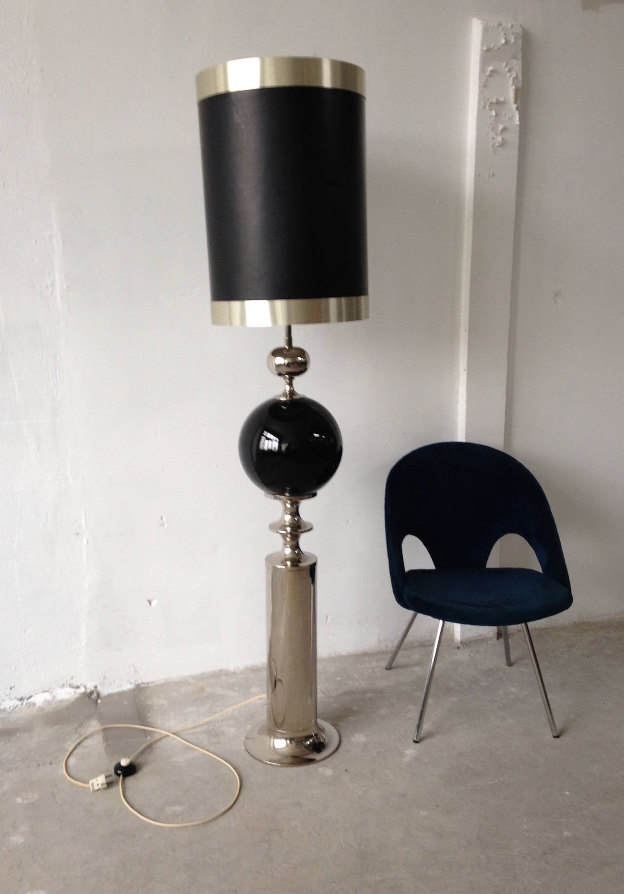 Very nice large 71inch high italian floor lamp. Chromed Base with a big black Glas Ball in the middle. 
Hand Made Shade from CENACCHI / Molinella, Italy. Electro parts from SMIMEC, Italy. For 3 bulbs. 
Very nice conditions.