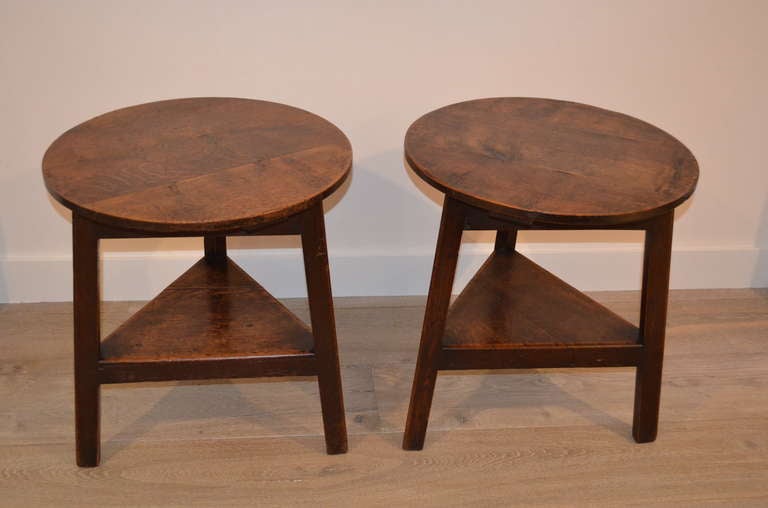 Pair English Oak 19th Century Cricket Tables with triangular shelf.
I have rarely found a pair !