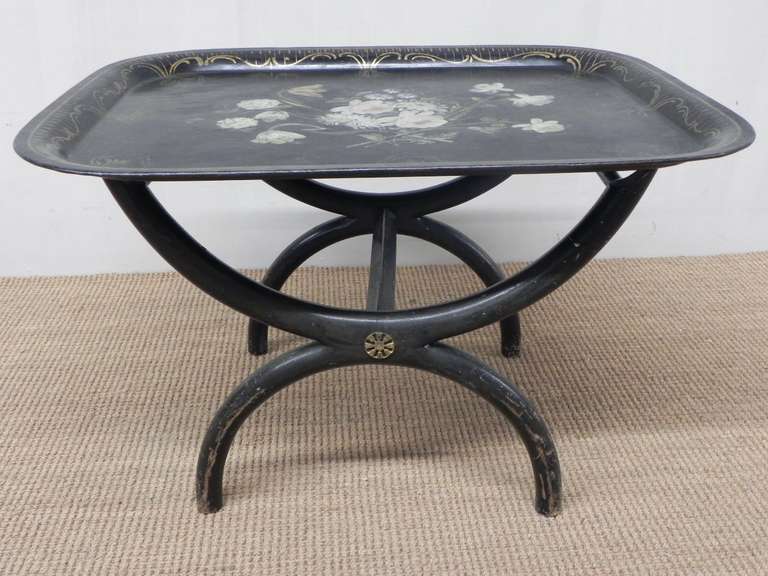English Victorian Tole Tray Table (rectangular) painted black with Floral Motif