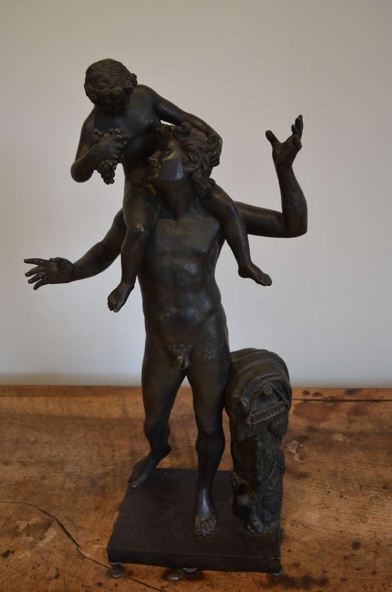 Neoclassical period bronze sculpture of Satyr Pan and the Infant Bacchus