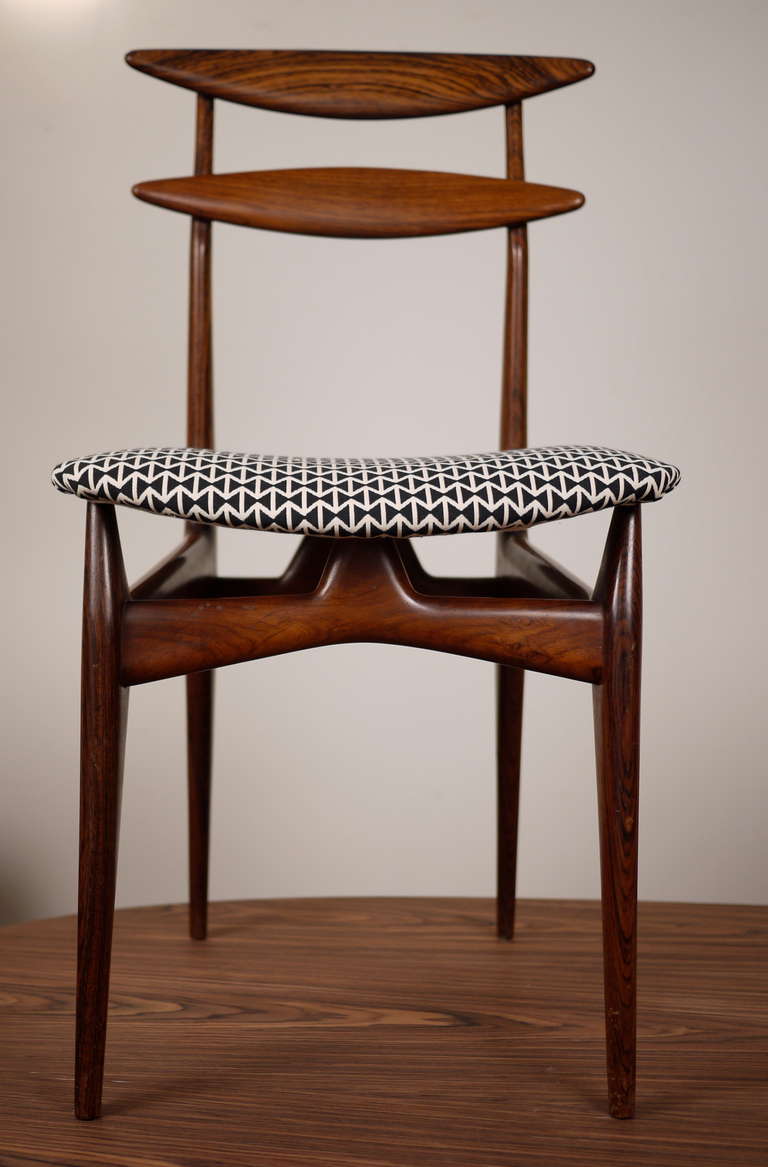 A set of six Italian Jacaranda chairs produced in the 1040s in the style of Ico Parisi.Jacaranda frame and recent  upholstery in Giraud-Kvadrat.