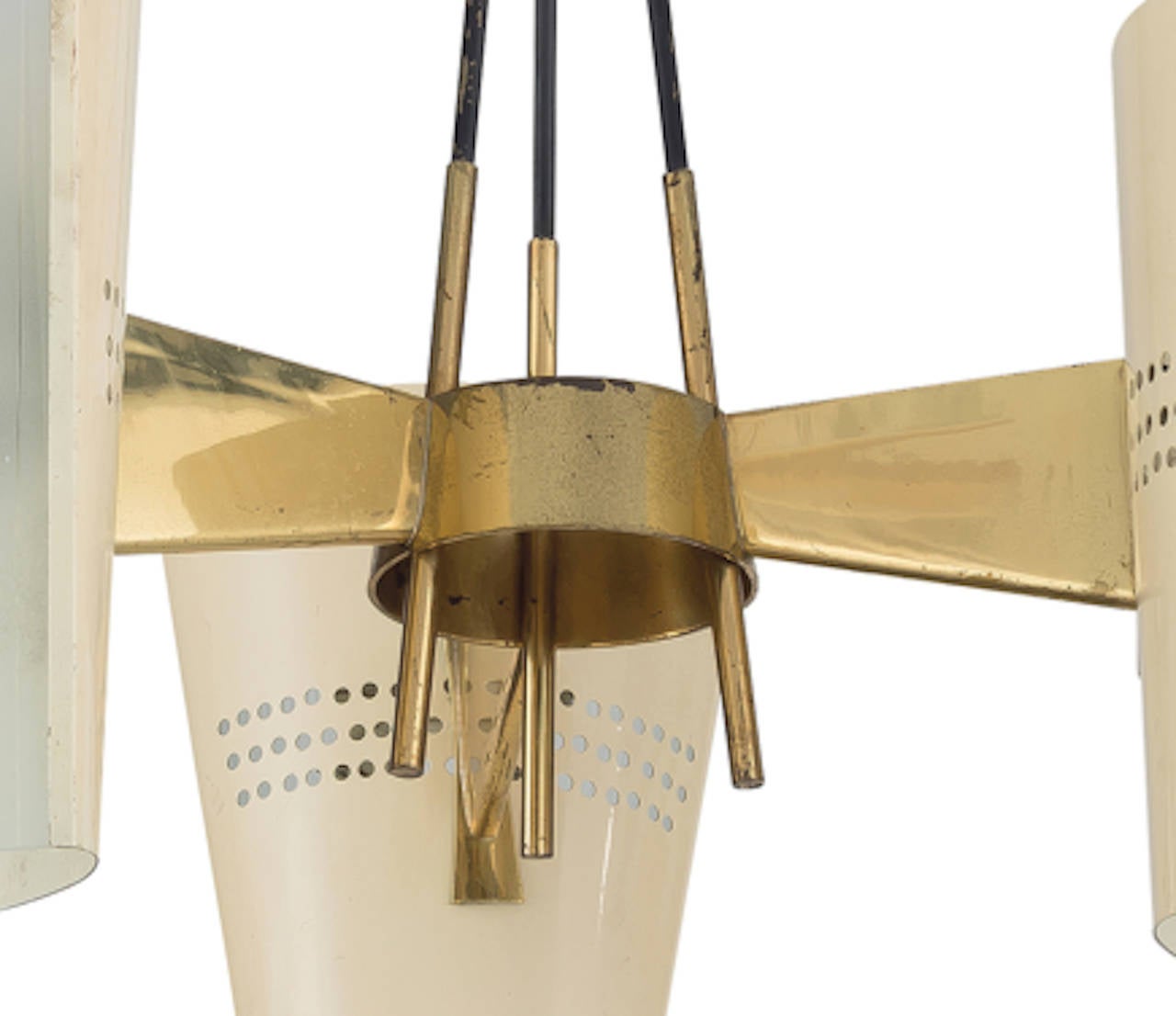 An Italian three-reflector chandelier by Stilnovo manufactured in the 1960s. Brass, enameled  aluminum and glass.