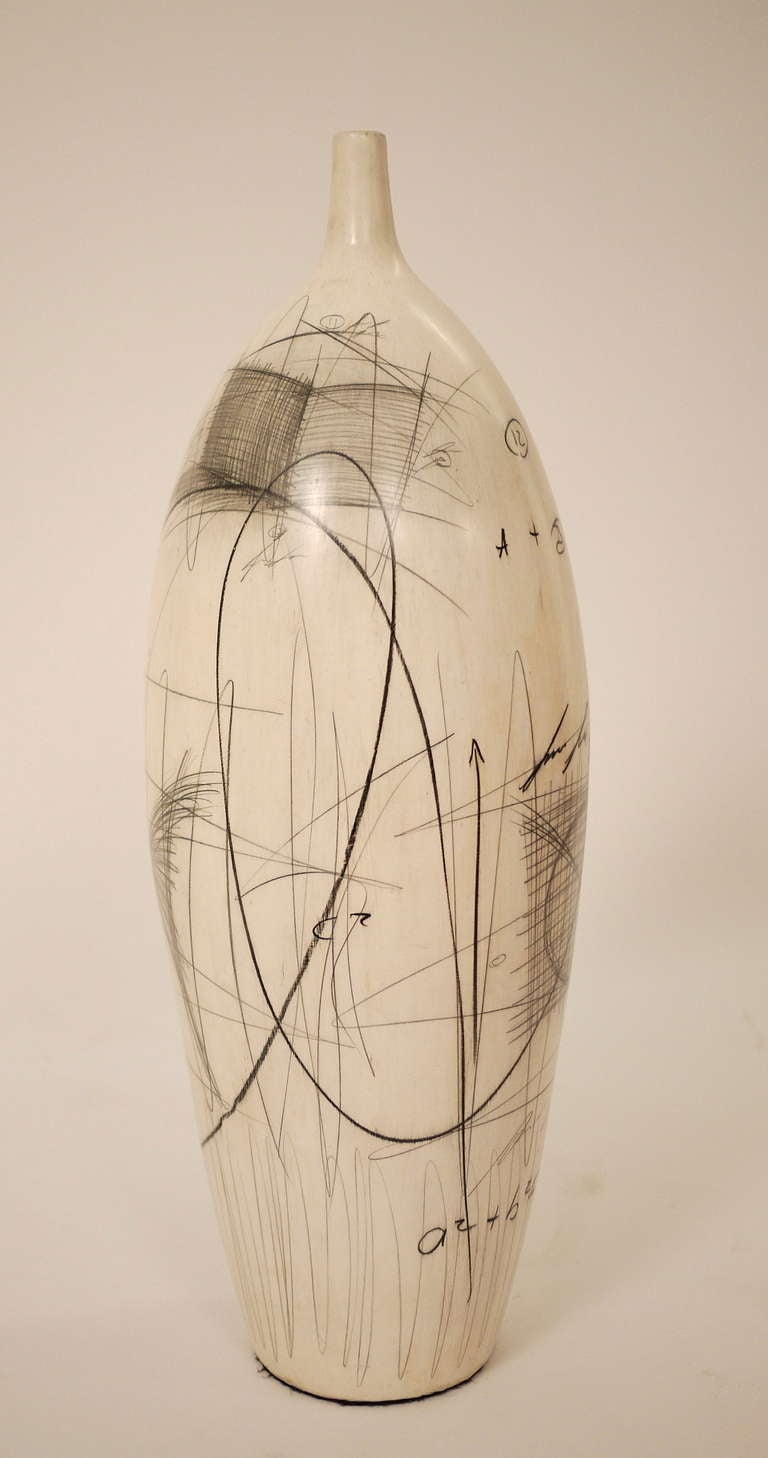 Yuri Zatarain ceramic vase. An unique piece edition. Porcelain colored glaze covered by pencils drawings. Signed by author. Artist Early work of, Provenance, Gallery Philipe Denis. Brussels.
