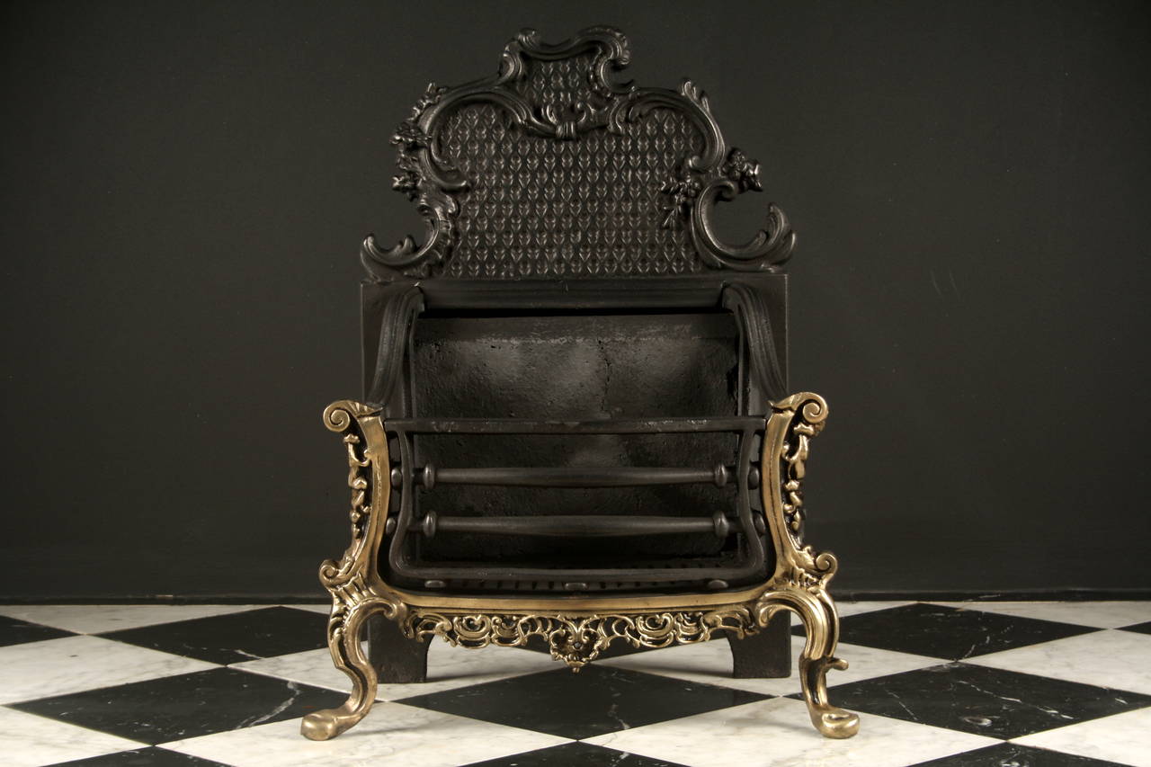 An Antique Cast Iron and Brass Rococo Style Firegrate