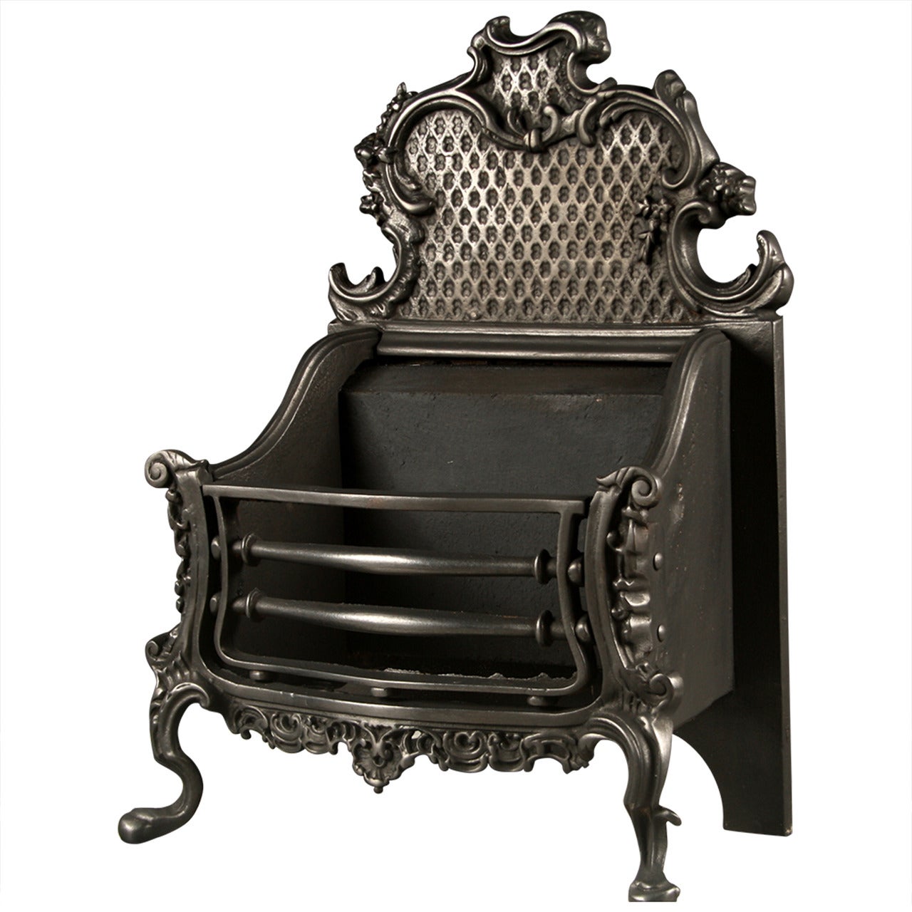 An Antique Cast Iron Rococo Manner Fire Basket For Sale