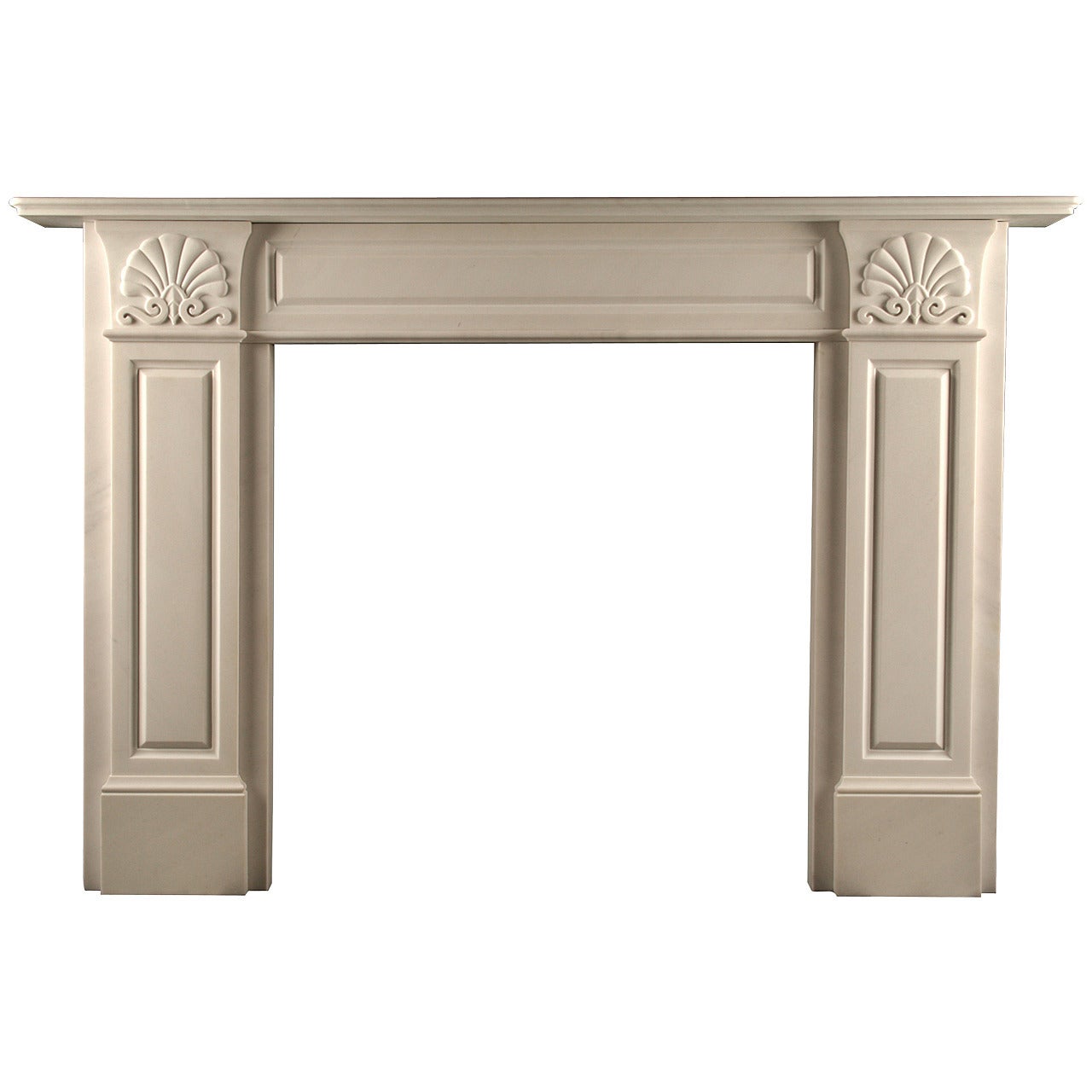 A Grand Regency Fireplace Mantel in White Statuary Marble For Sale