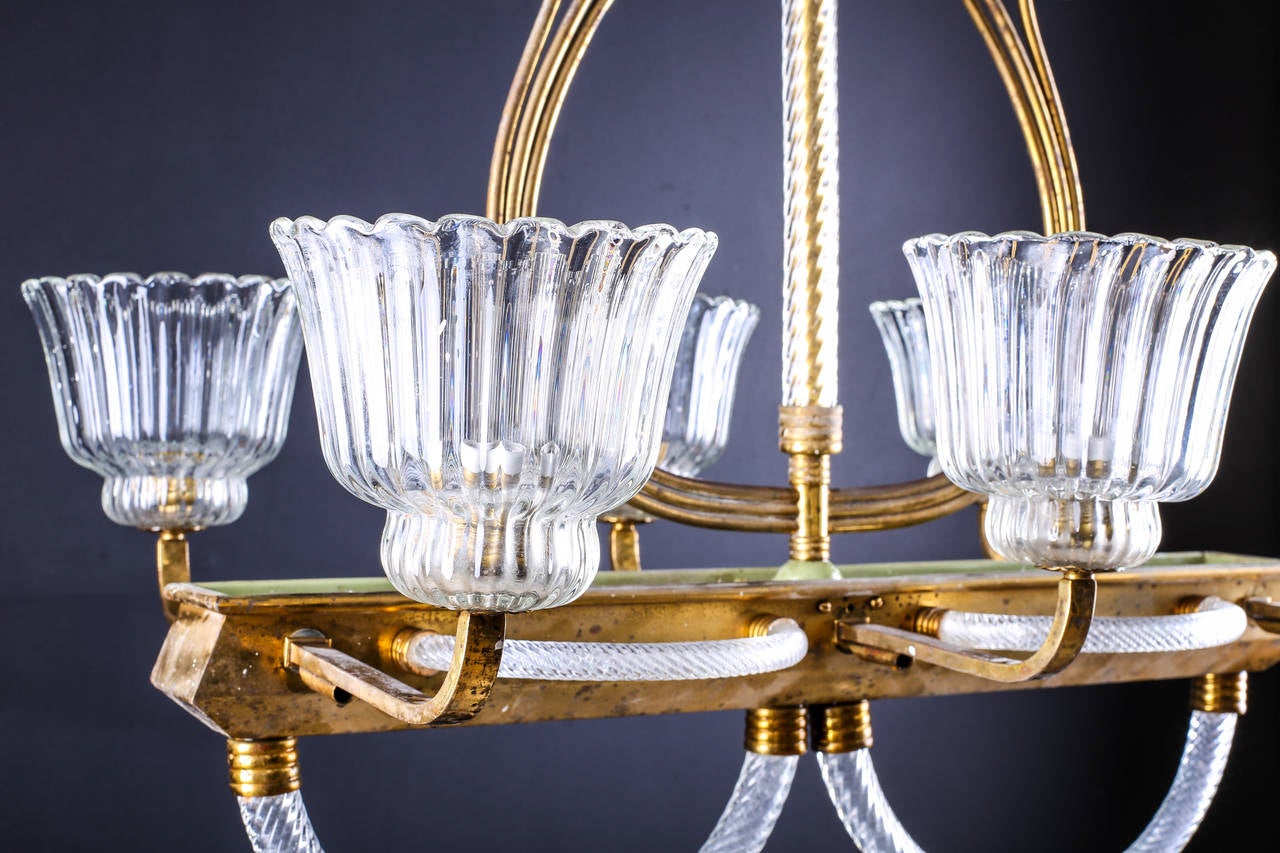 Art Deco Venetian Brass and Clear Murano Glass Chandelier, Barovier and Toso Style, 1930s For Sale