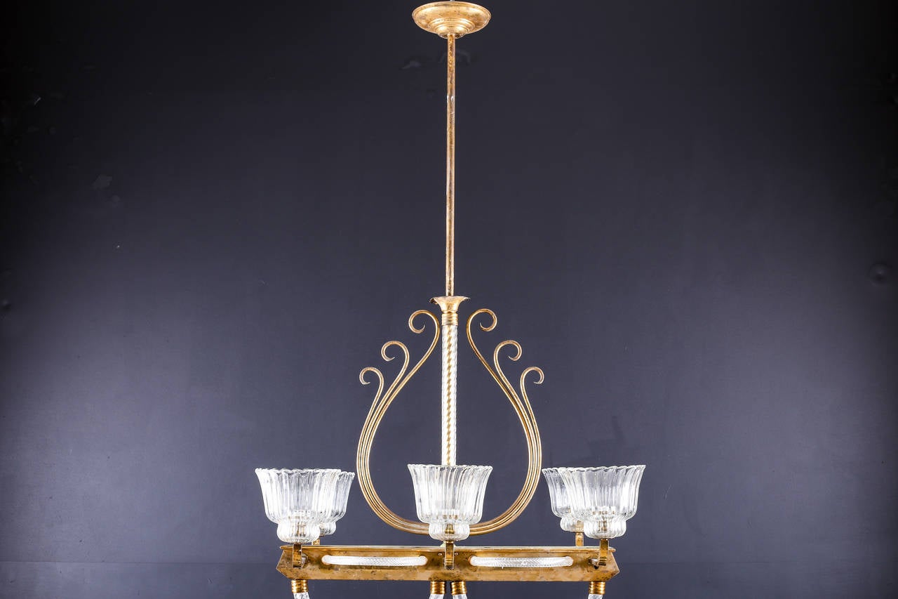 Italian Venetian Brass and Clear Murano Glass Chandelier, Barovier and Toso Style, 1930s For Sale
