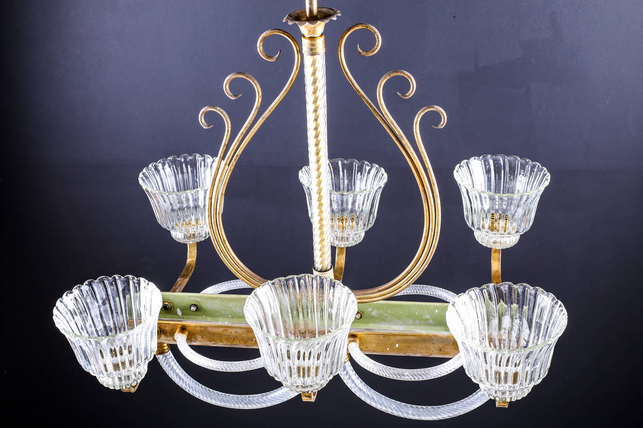 Venetian Brass and Clear Murano Glass Chandelier, Barovier and Toso Style, 1930s For Sale 1