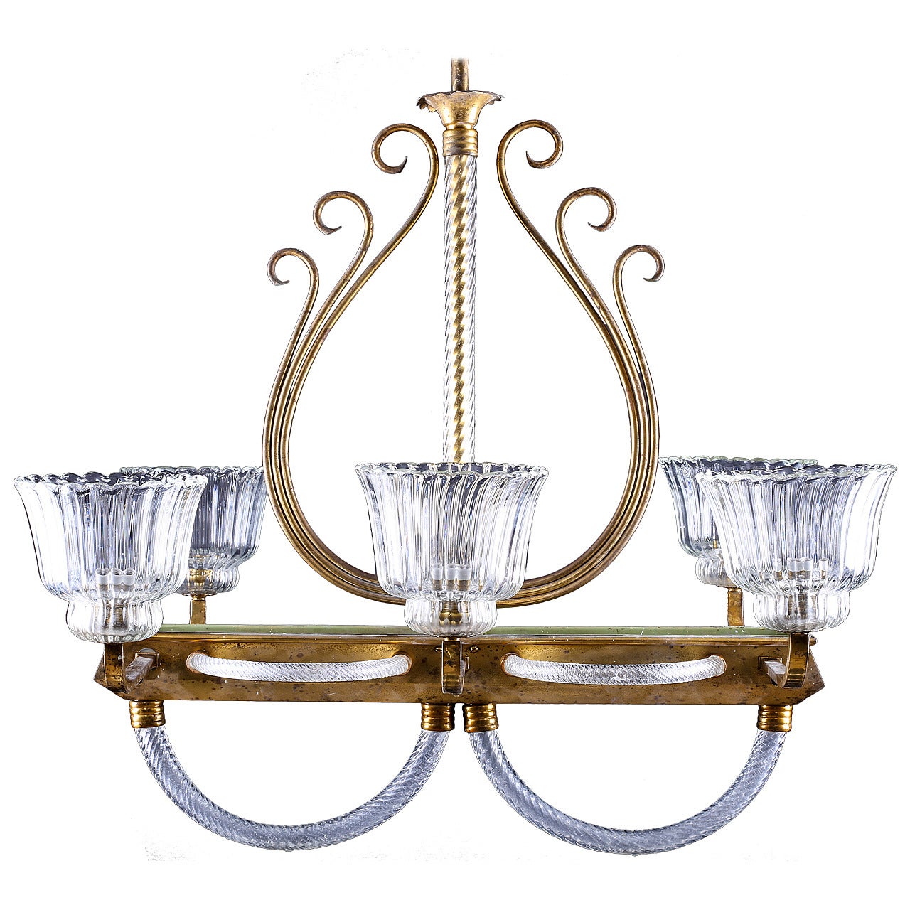 Venetian Brass and Clear Murano Glass Chandelier, Barovier and Toso Style, 1930s For Sale