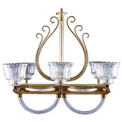 Venetian Brass and Clear Murano Glass Chandelier, Barovier and Toso Style, 1930s