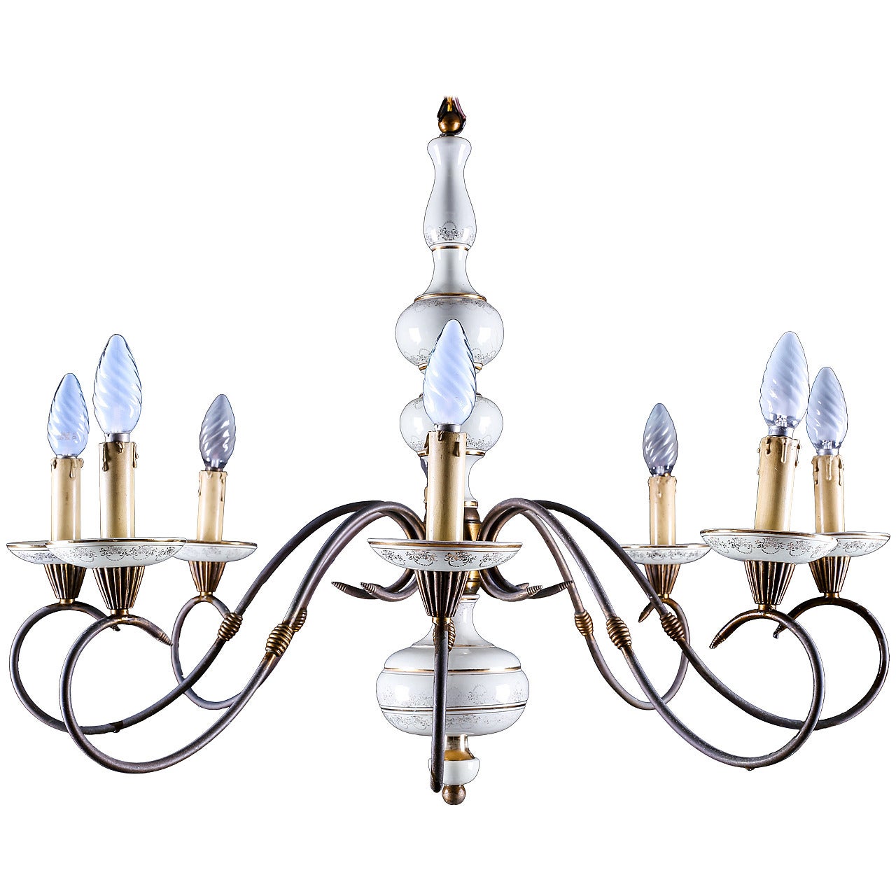 Beautiful Brass and Porcelain Eight-Light Aesthetic Movement Chandelier For Sale