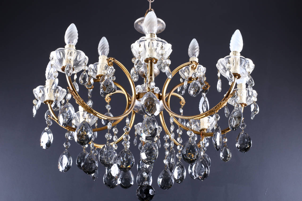 Gilt Bronze, Crystal and Tinted Glass Drop Eight-Light Chandelier, circa 1900