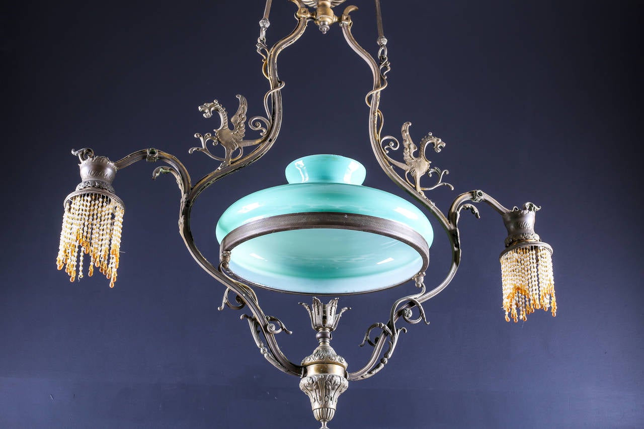 Impressive and Large Arts and Crafts Bronze and Glass Chandelier, 19th Century