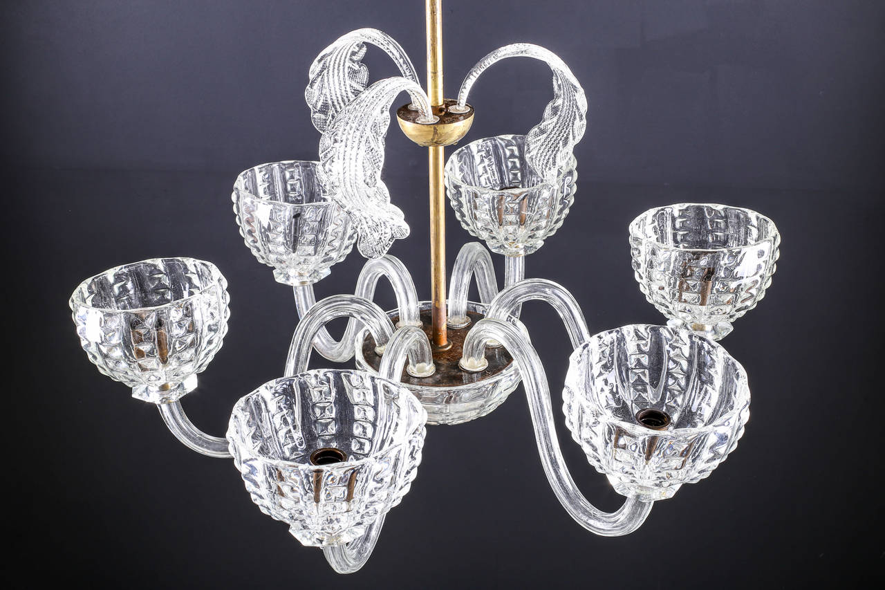 Italian Murano Barovier & Toso Style Six Arm Chandelier, circa 1930s In Excellent Condition For Sale In London, GB