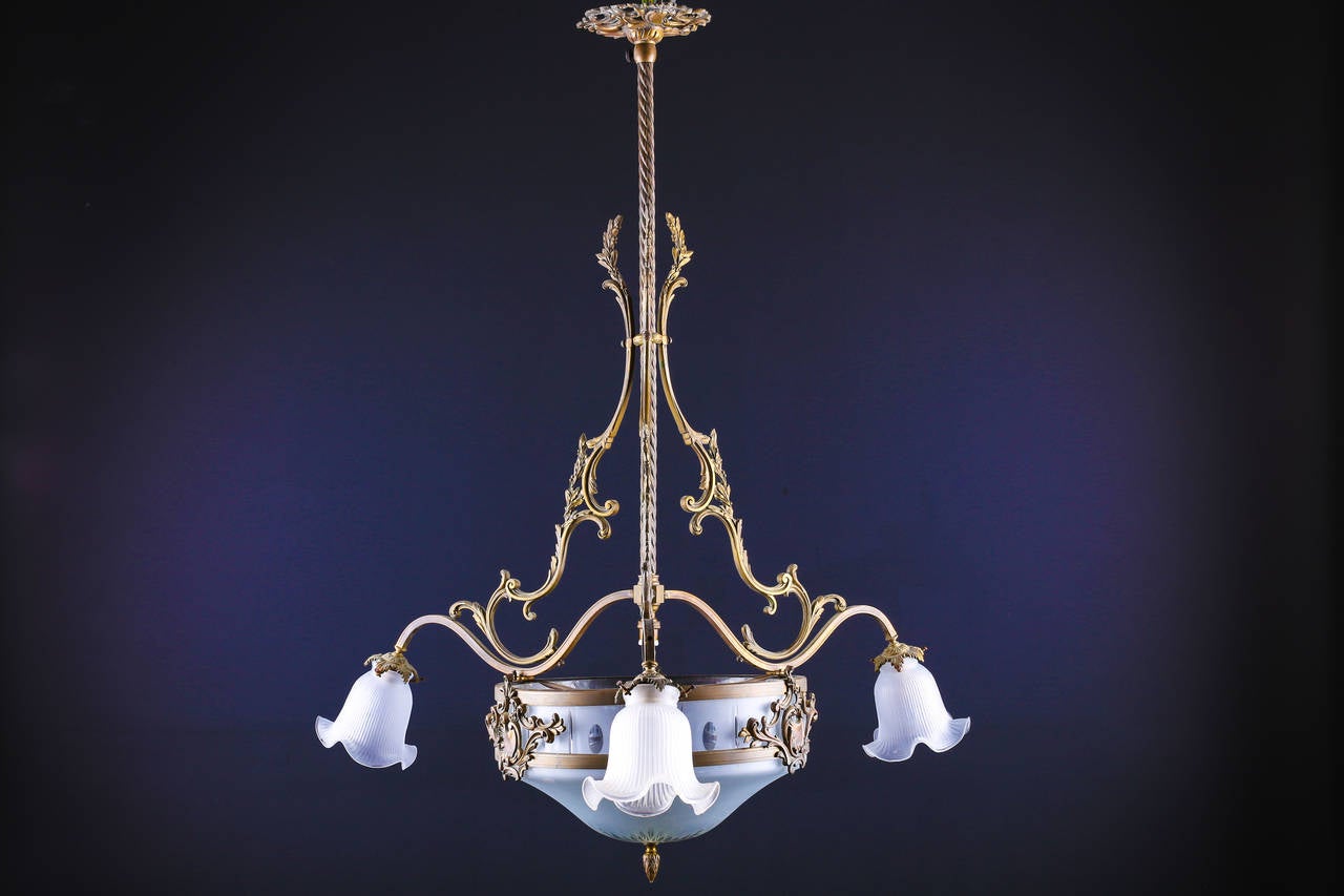 Beautiful Antique Etched Frosted Glass & Brass Chandelier

Total Height: 38