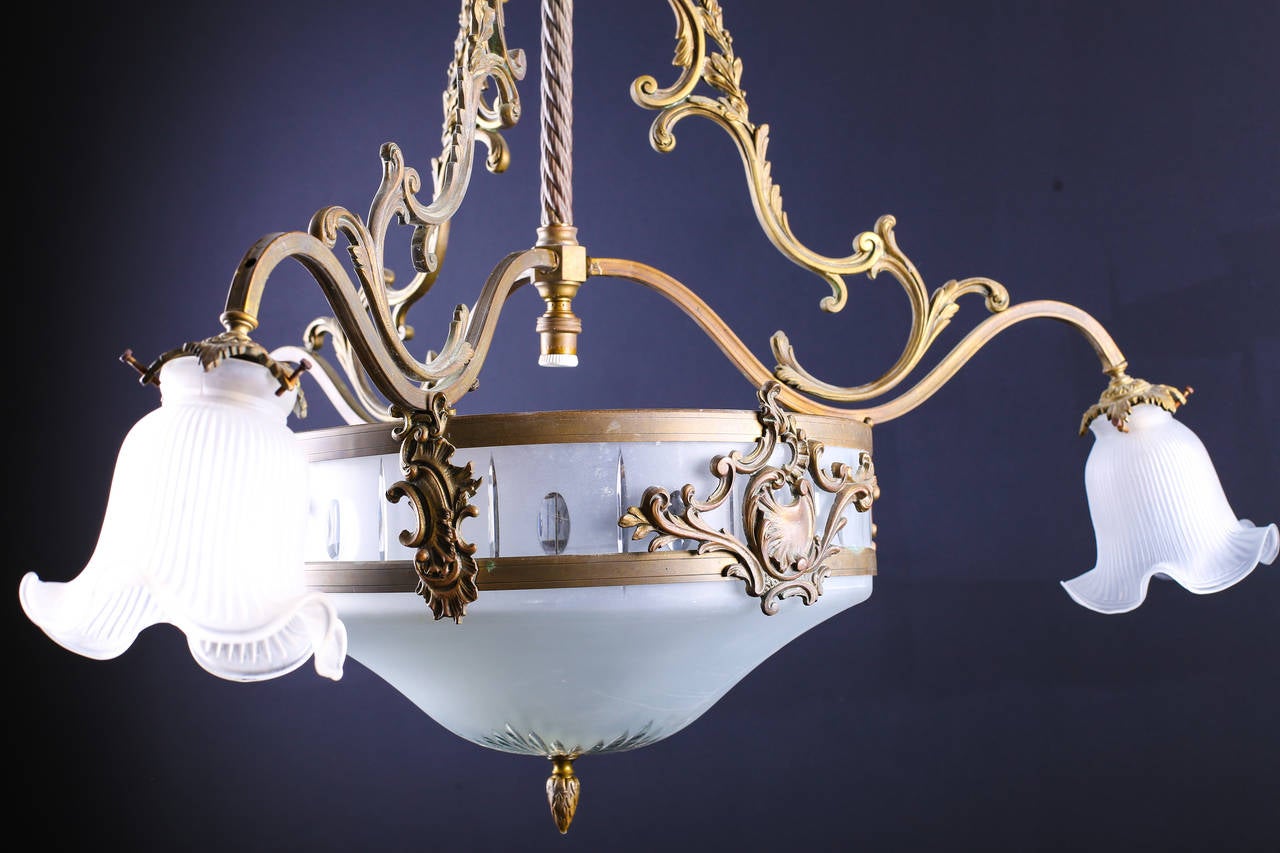 19th Century Beautiful Antique Etched Frosted Glass and Brass Chandelier For Sale