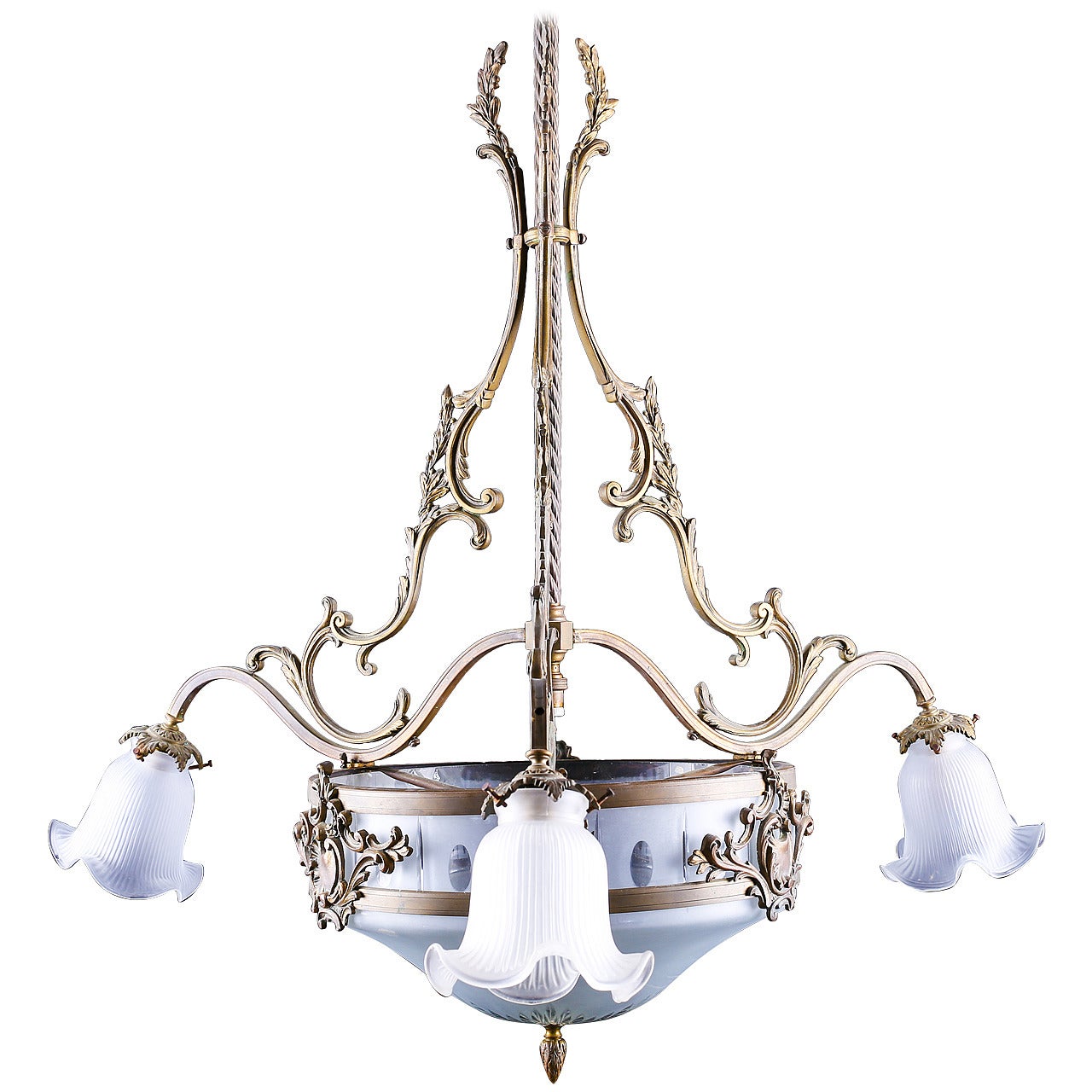Beautiful Antique Etched Frosted Glass and Brass Chandelier For Sale