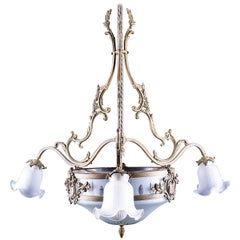 Beautiful Antique Etched Frosted Glass and Brass Chandelier