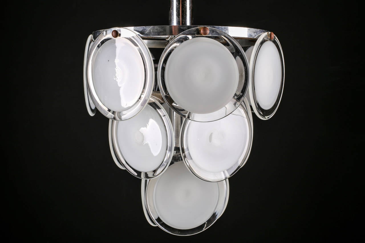 Impressive Handblown Murano White and Clear Glass Vistosi Disc Chandeliers