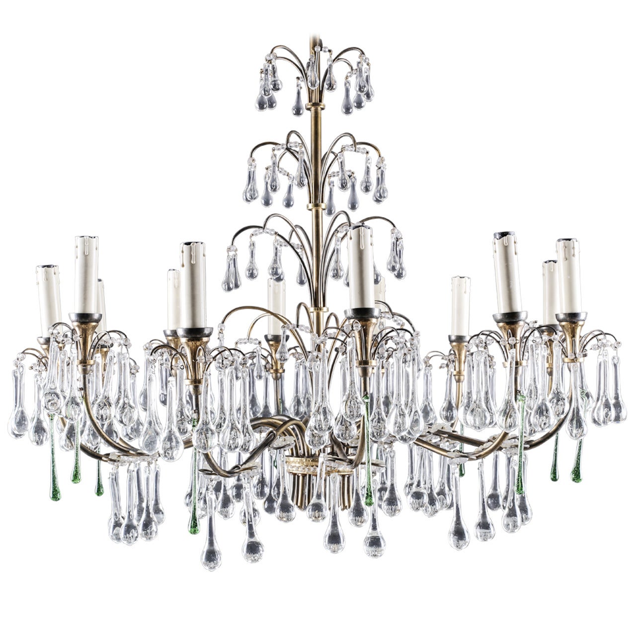 Magnificent Vintage Brass Twelve-Light Chandelier with Murano Glass Tear Drops For Sale