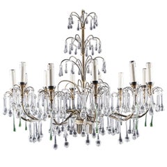 Magnificent Vintage Brass Twelve-Light Chandelier with Murano Glass Tear Drops