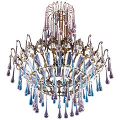 Vintage Brass and Crystal Chandelier with Murano Light Blue Glass Tear Drops