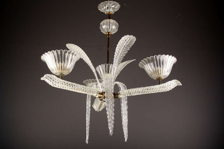 A Stunning Original Ercole Barovier Murano glass 3 light chandelier with decorative aged brass fittings, made in Venice in the 1930’s by Barovier & Toso.