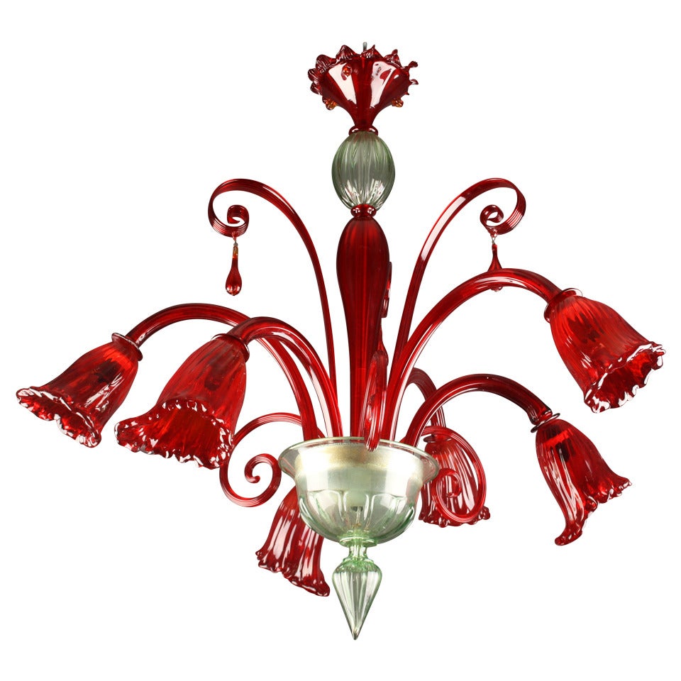 Vintage Light Green and Red Murano Glass Chandelier For Sale