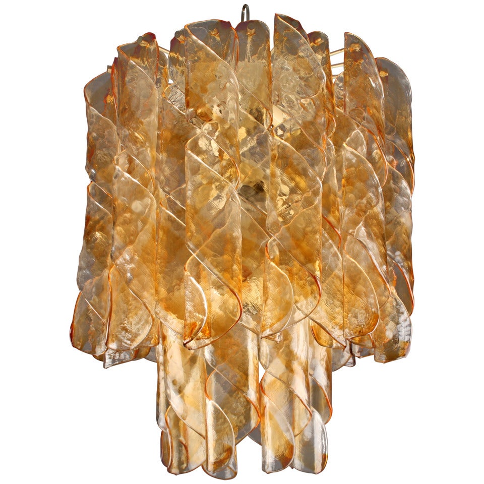 Italian, Clear and Yellow Rubin Murano Glass, "Torciglione" Chandelier For Sale